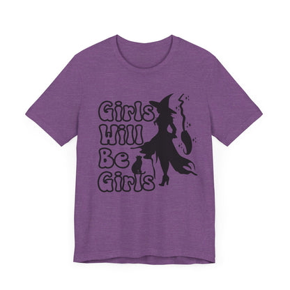 Girls Will Be Girls Halloween Witch T-Shirt, Witch, Broomstick and Cat