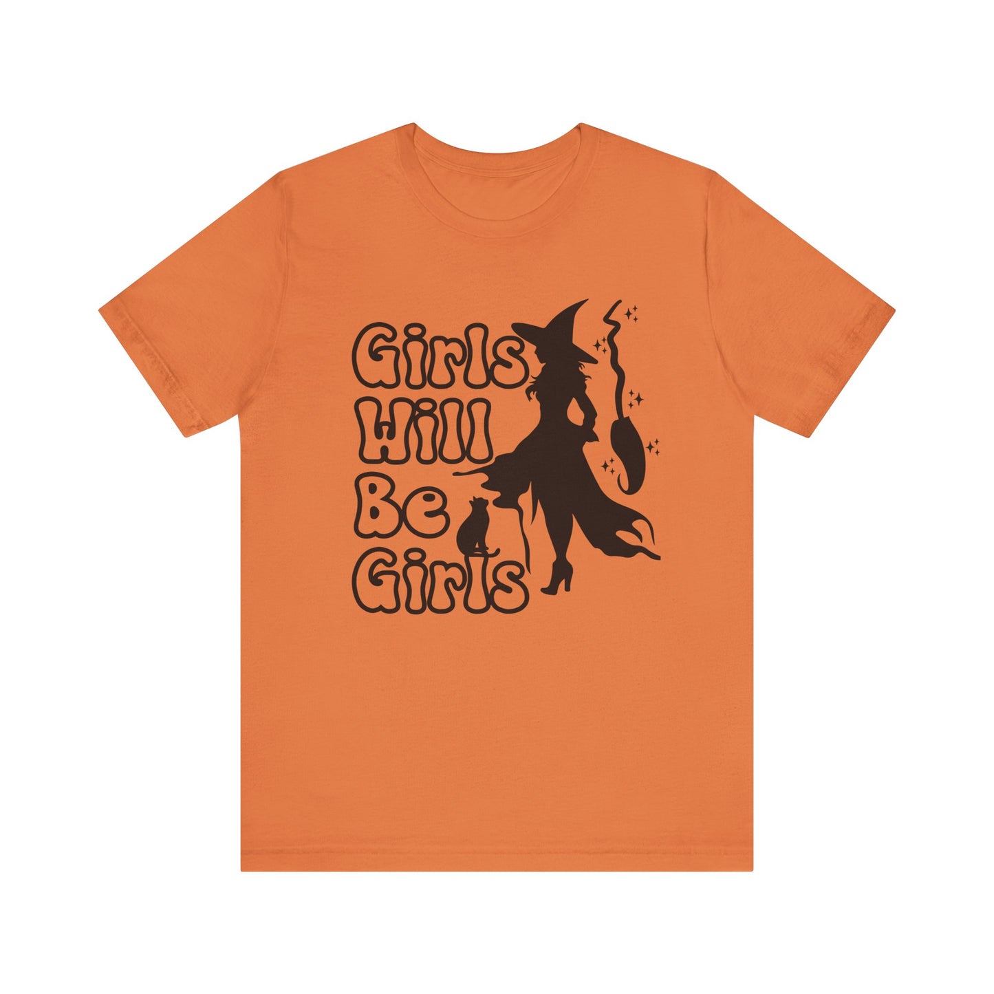 Girls Will Be Girls Halloween Witch T-Shirt, Witch, Broomstick and Cat