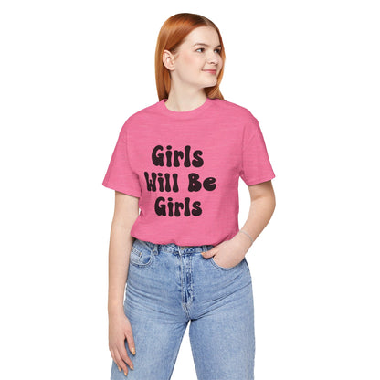 Girls Will Be Girls T-Shirt, Volleyball Player Silhouettes Front and Back Designs, Light Colored Tees