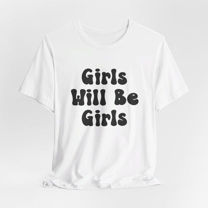 Girls Will Be Girls T-Shirt, Volleyball Player Silhouettes Front and Back Designs, Light Colored Tees