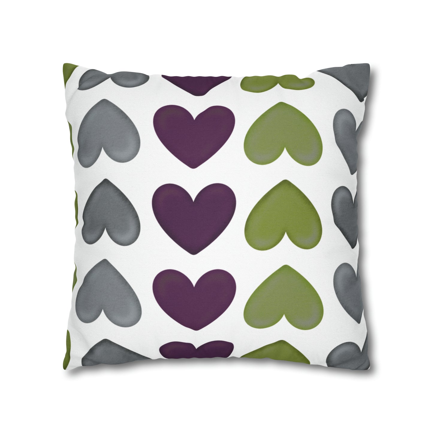 Heart Pattern Pillow Cover, Square 18"x18" Plum, Sage Green and Gray