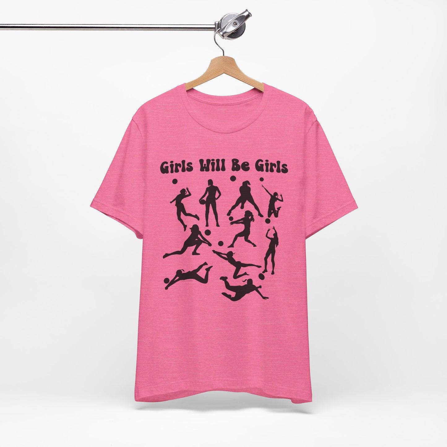 Girls Will Be Girls T-Shirt, Volleyball Player Silhouettes, Light Colored Tees