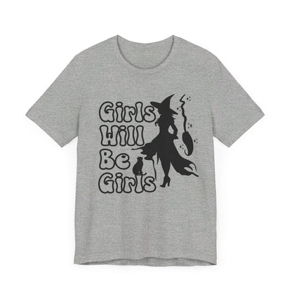 Girls Will Be Girls Halloween Witch T-Shirt, Witch, Broomstick and Cat