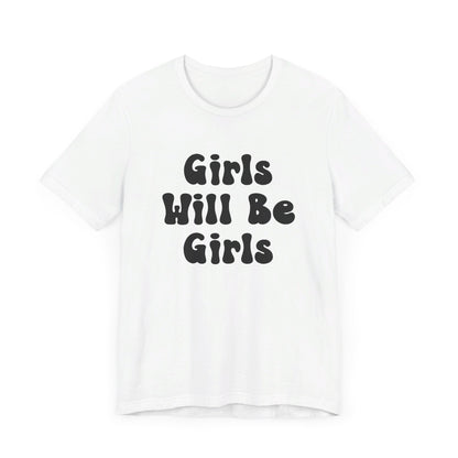 Girls Will Be Girls T-Shirt, Volleyball Player Silhouettes Front and Back Designs, Light Colored Tees