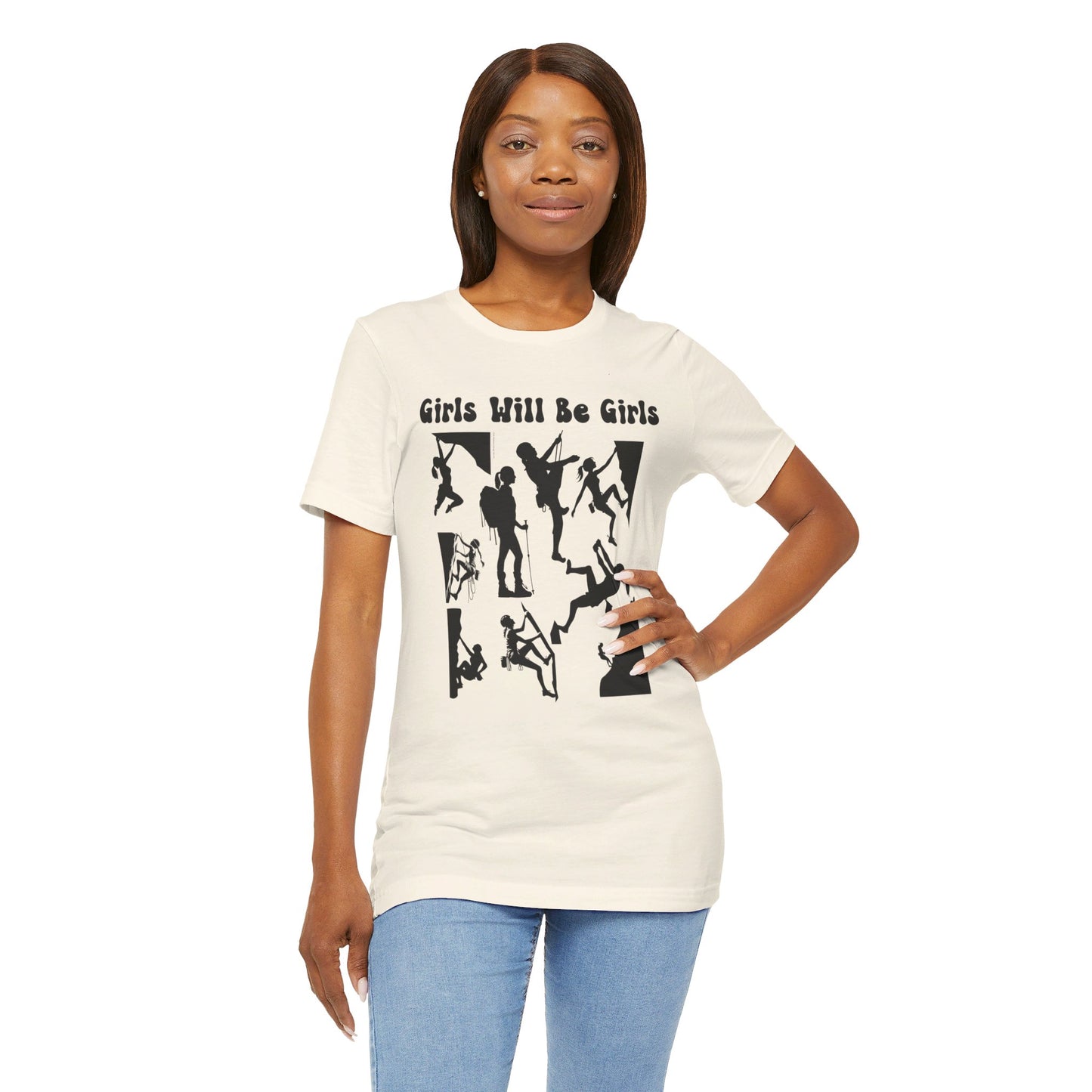 Girls Will Be Girls T-Shirt, Mountain Climber, Rock Climber, Alpinist, Mountaineering Silhouettes, Light Colored Tees