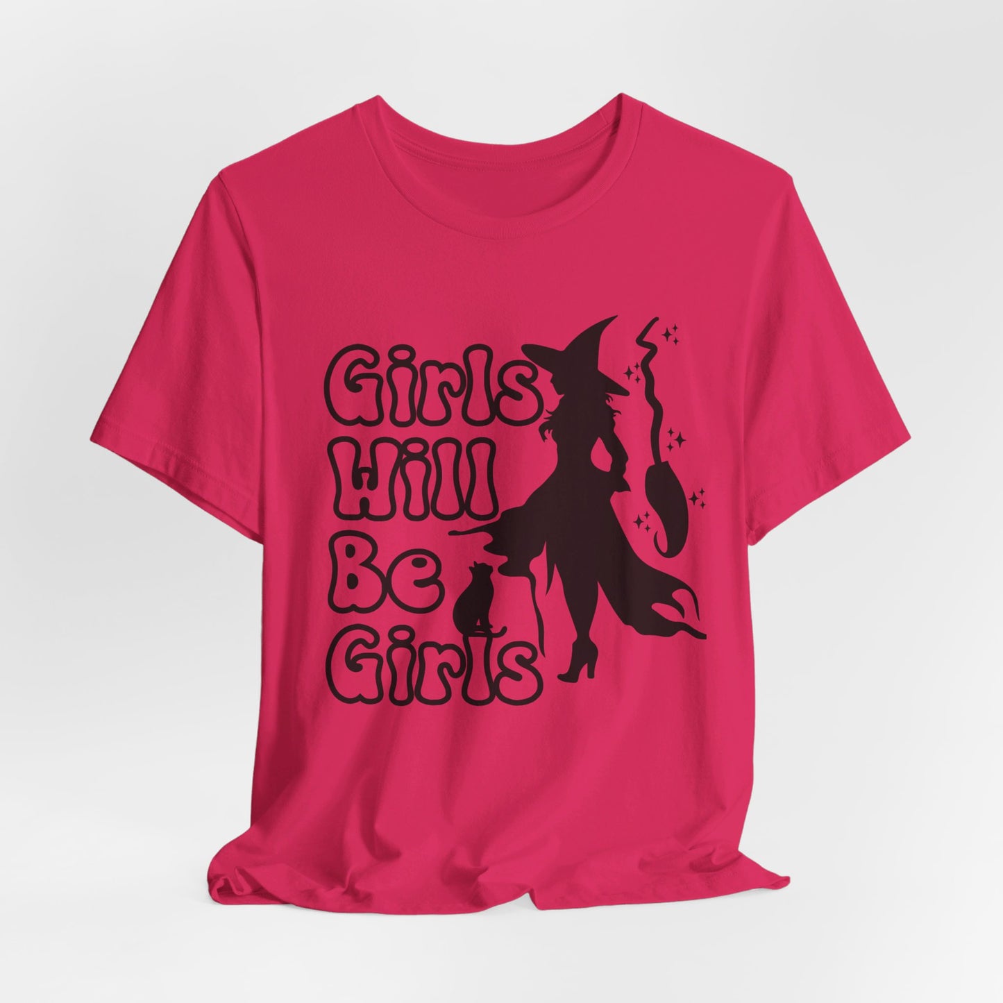 Girls Will Be Girls Halloween Witch T-Shirt, Witch, Broomstick and Cat