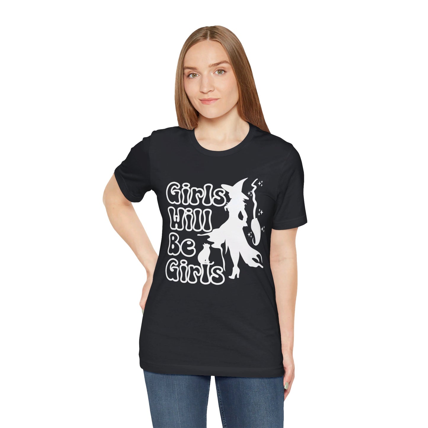 Girls Will Be Girls Witch T-Shirt, Halloween, Witch, Broomstick and Cat