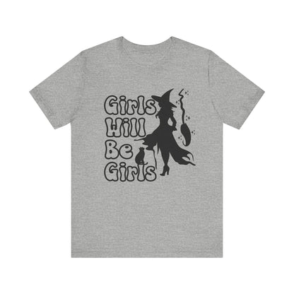 Girls Will Be Girls Halloween Witch T-Shirt, Witch, Broomstick and Cat