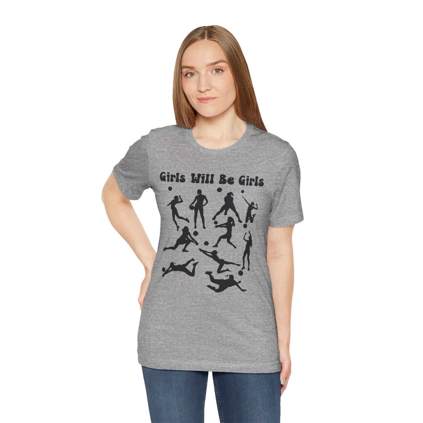 Girls Will Be Girls T-Shirt, Volleyball Player Silhouettes, Light Colored Tees