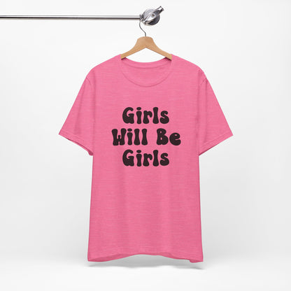 Girls Will Be Girls T-Shirt, Volleyball Player Silhouettes Front and Back Designs, Light Colored Tees