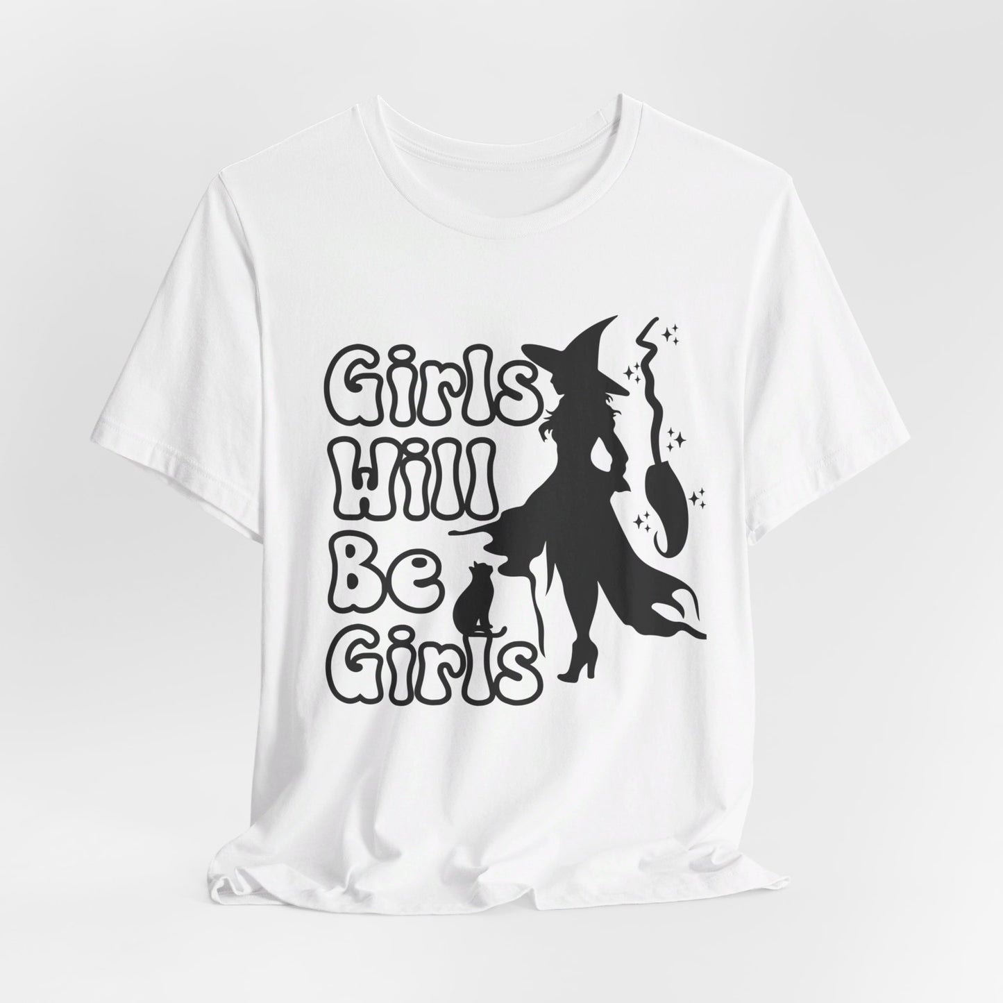 Girls Will Be Girls Halloween Witch T-Shirt, Witch, Broomstick and Cat