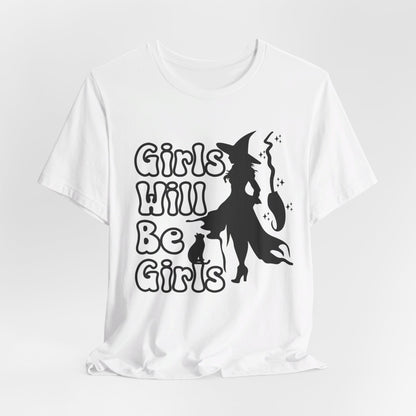 Girls Will Be Girls Halloween Witch T-Shirt, Witch, Broomstick and Cat