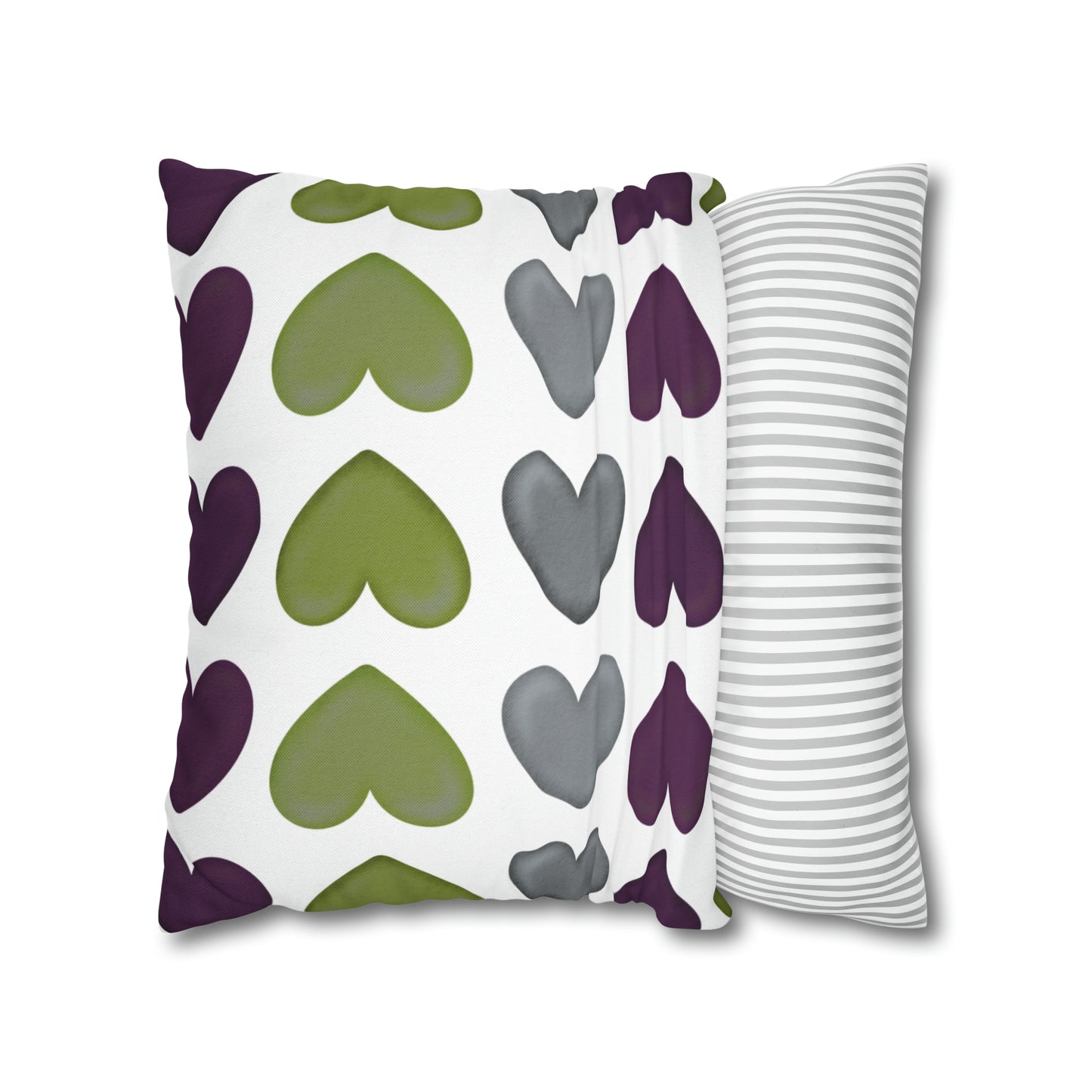 Heart Pattern Pillow Cover, Square 18"x18" Plum, Sage Green and Gray