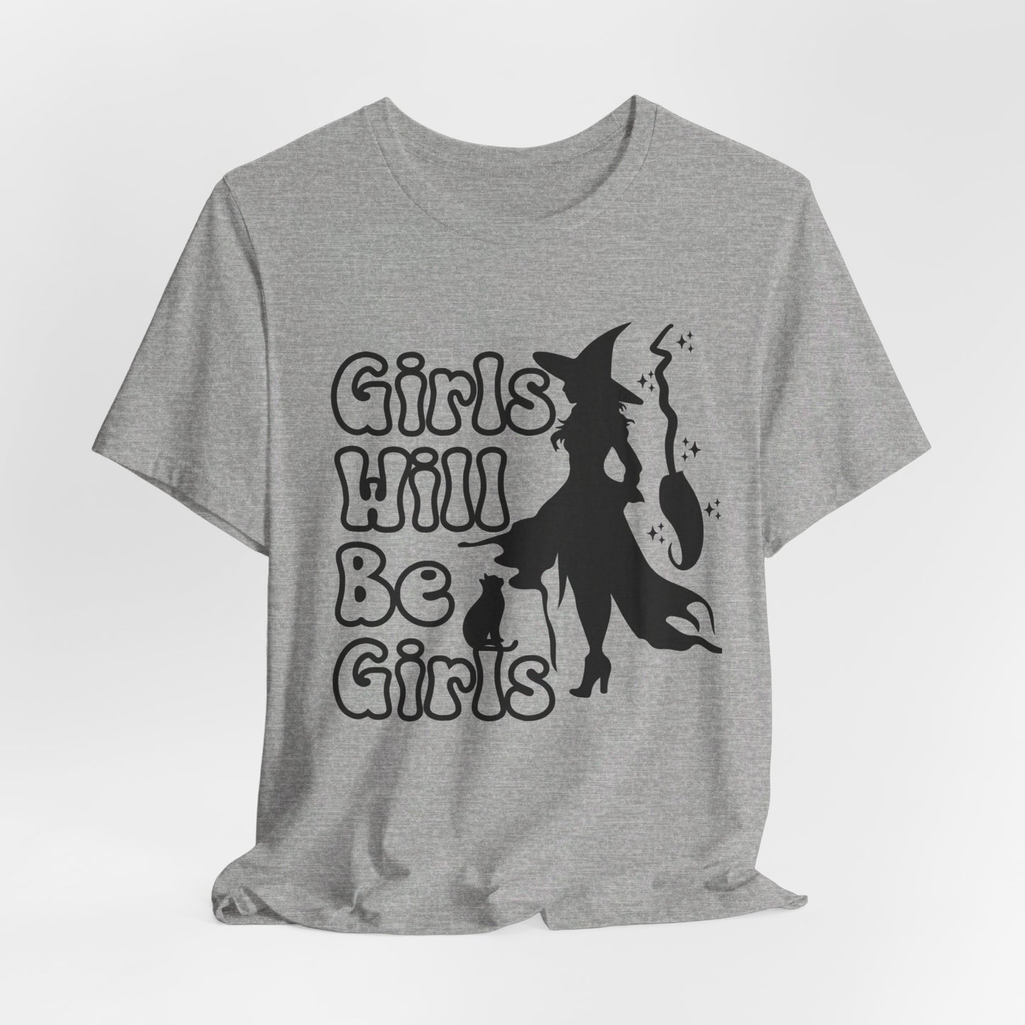 Girls Will Be Girls Halloween Witch T-Shirt, Witch, Broomstick and Cat