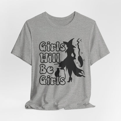 Girls Will Be Girls Halloween Witch T-Shirt, Witch, Broomstick and Cat