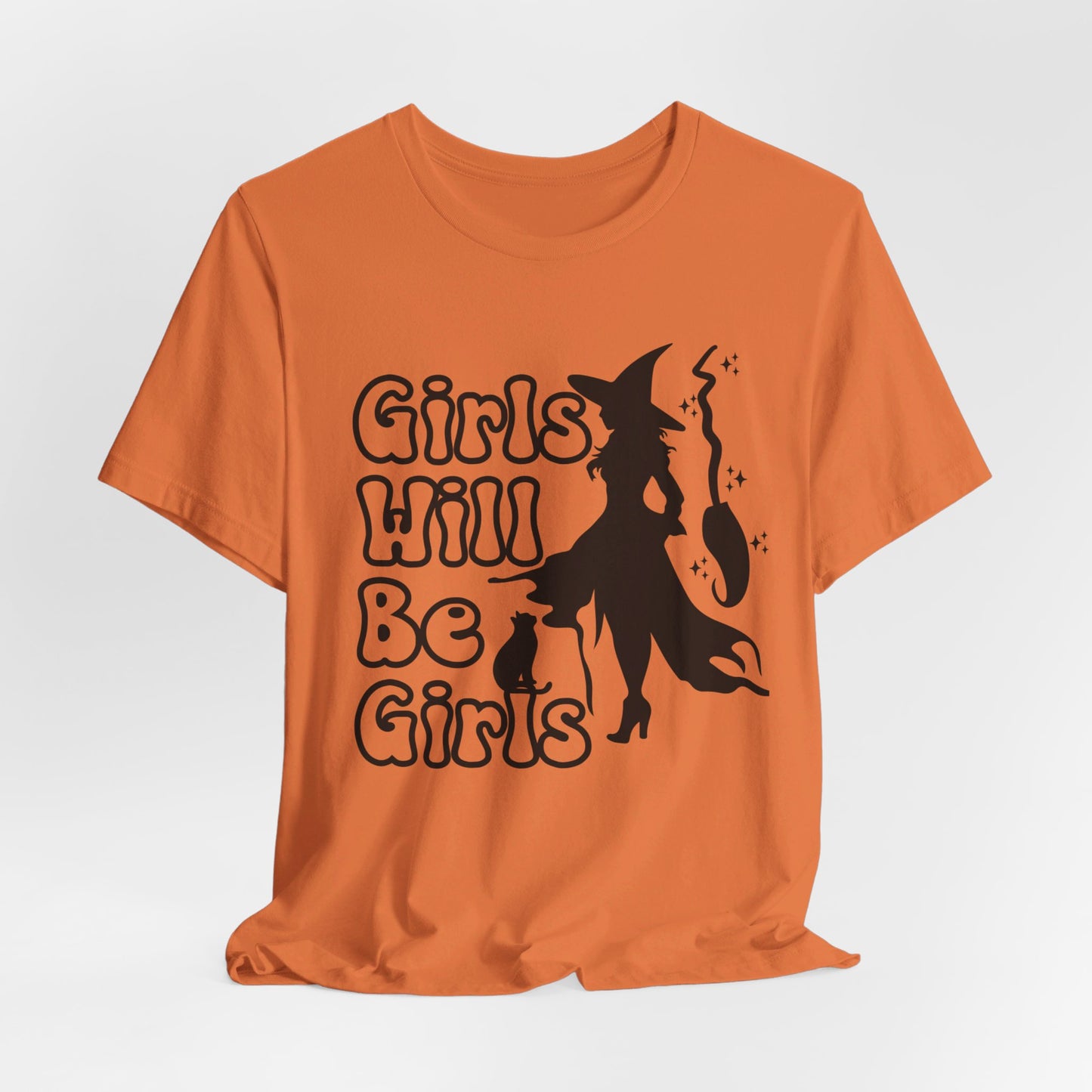 Girls Will Be Girls Halloween Witch T-Shirt, Witch, Broomstick and Cat