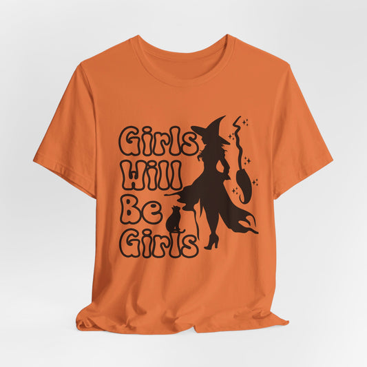 Girls Will Be Girls Halloween Witch T-Shirt, Witch, Broomstick and Cat