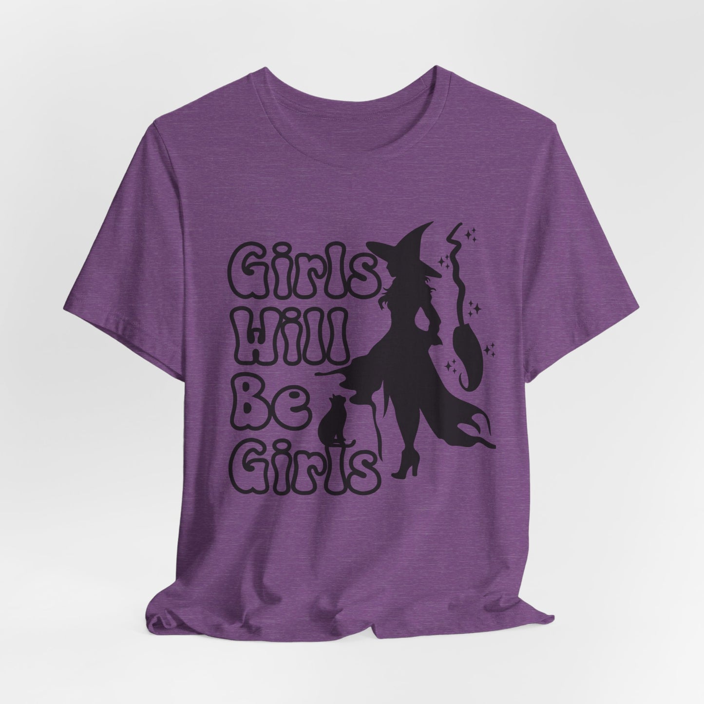 Girls Will Be Girls Halloween Witch T-Shirt, Witch, Broomstick and Cat