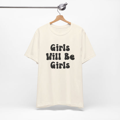 Girls Will Be Girls T-Shirt, Volleyball Player Silhouettes Front and Back Designs, Light Colored Tees