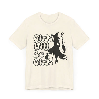 Girls Will Be Girls Halloween Witch T-Shirt, Witch, Broomstick and Cat