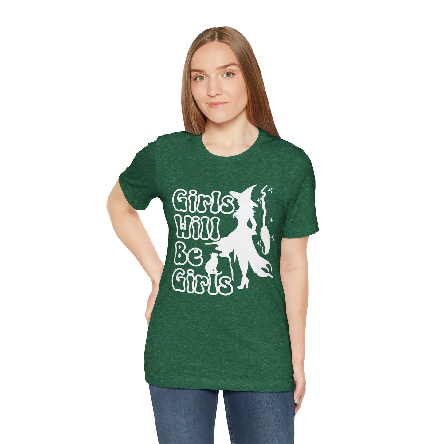 Girls Will Be Girls Witch T-Shirt, Halloween, Witch, Broomstick and Cat