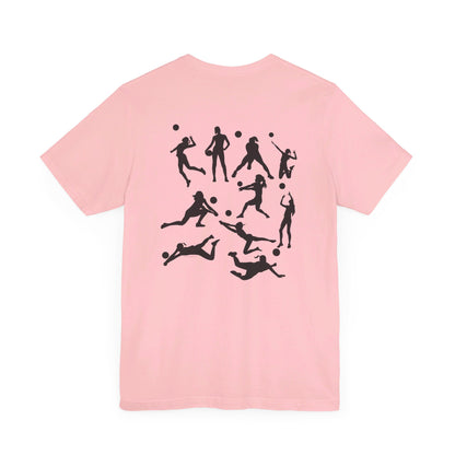 Girls Will Be Girls T-Shirt, Volleyball Player Silhouettes Front and Back Designs, Light Colored Tees