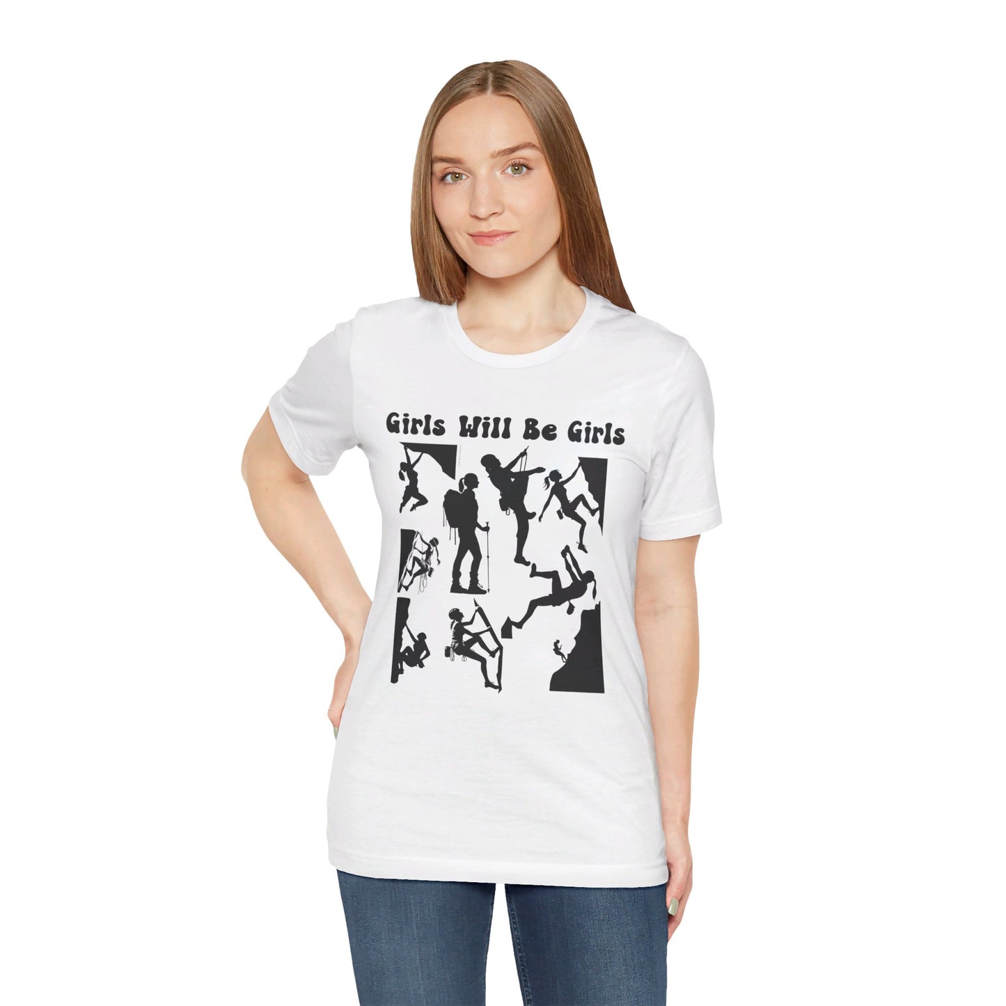 Girls Will Be Girls T-Shirt, Mountain Climber, Rock Climber, Alpinist, Mountaineering Silhouettes, Light Colored Tees