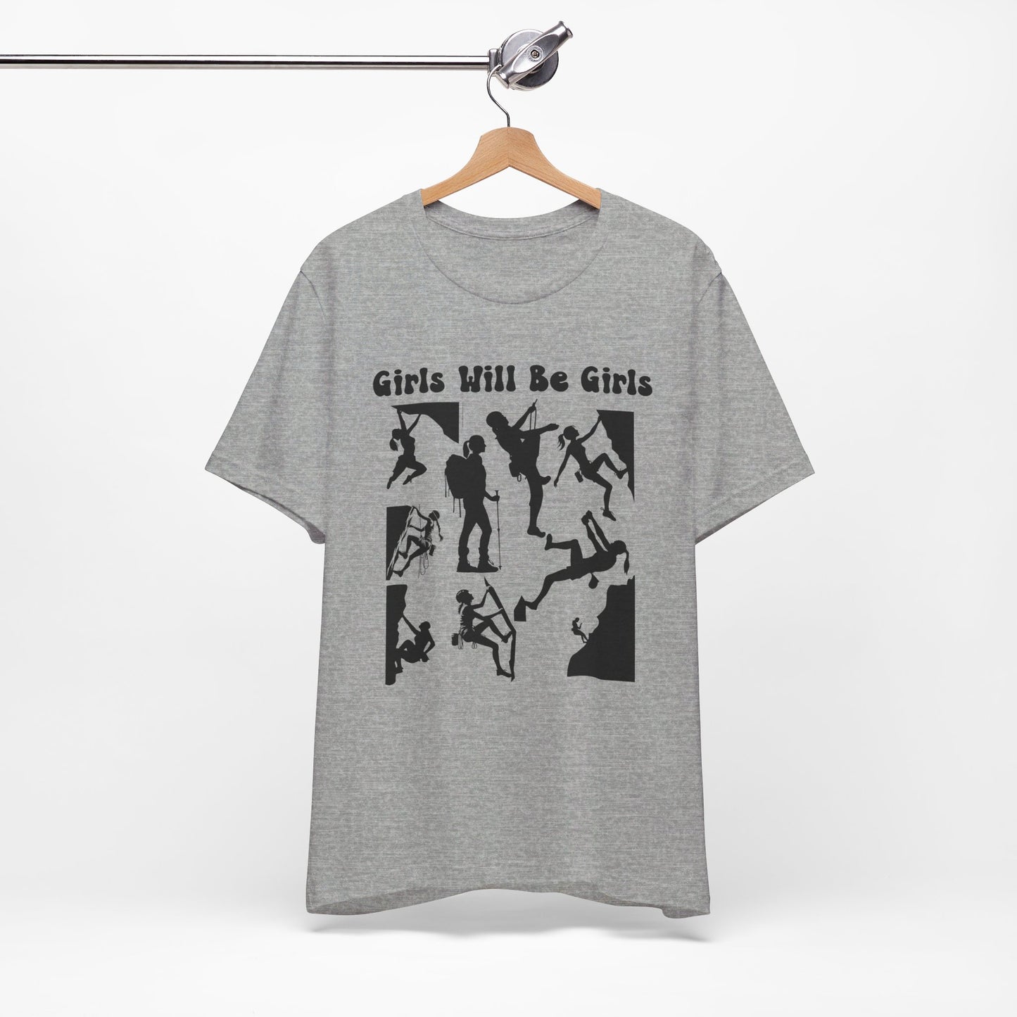 Girls Will Be Girls T-Shirt, Mountain Climber, Rock Climber, Alpinist, Mountaineering Silhouettes, Light Colored Tees