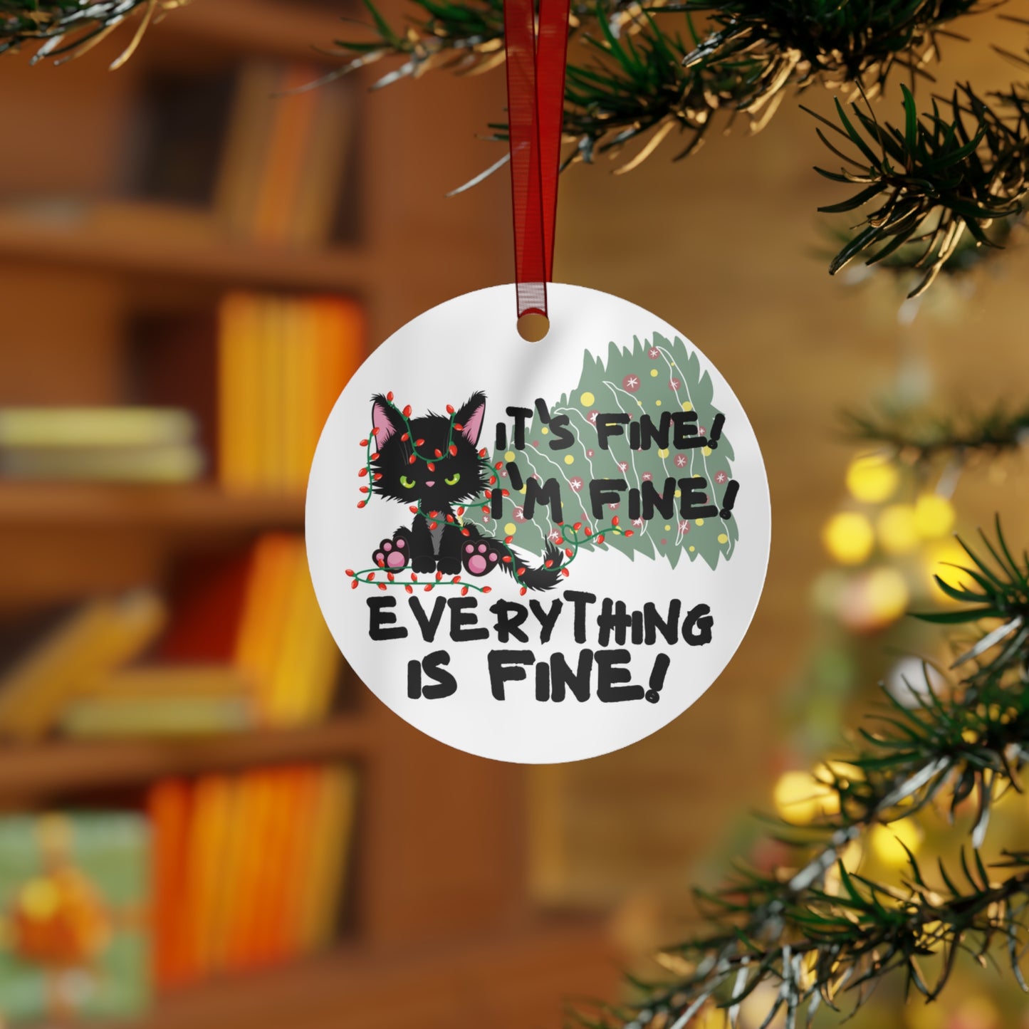 It's Fine, I'm Fine, Everything is Fine, Black Cat Tangled Lights Christmas Ornament