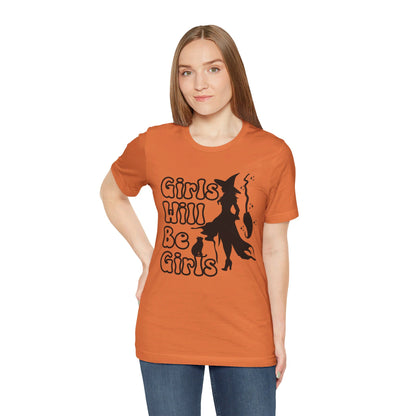 Girls Will Be Girls Halloween Witch T-Shirt, Witch, Broomstick and Cat