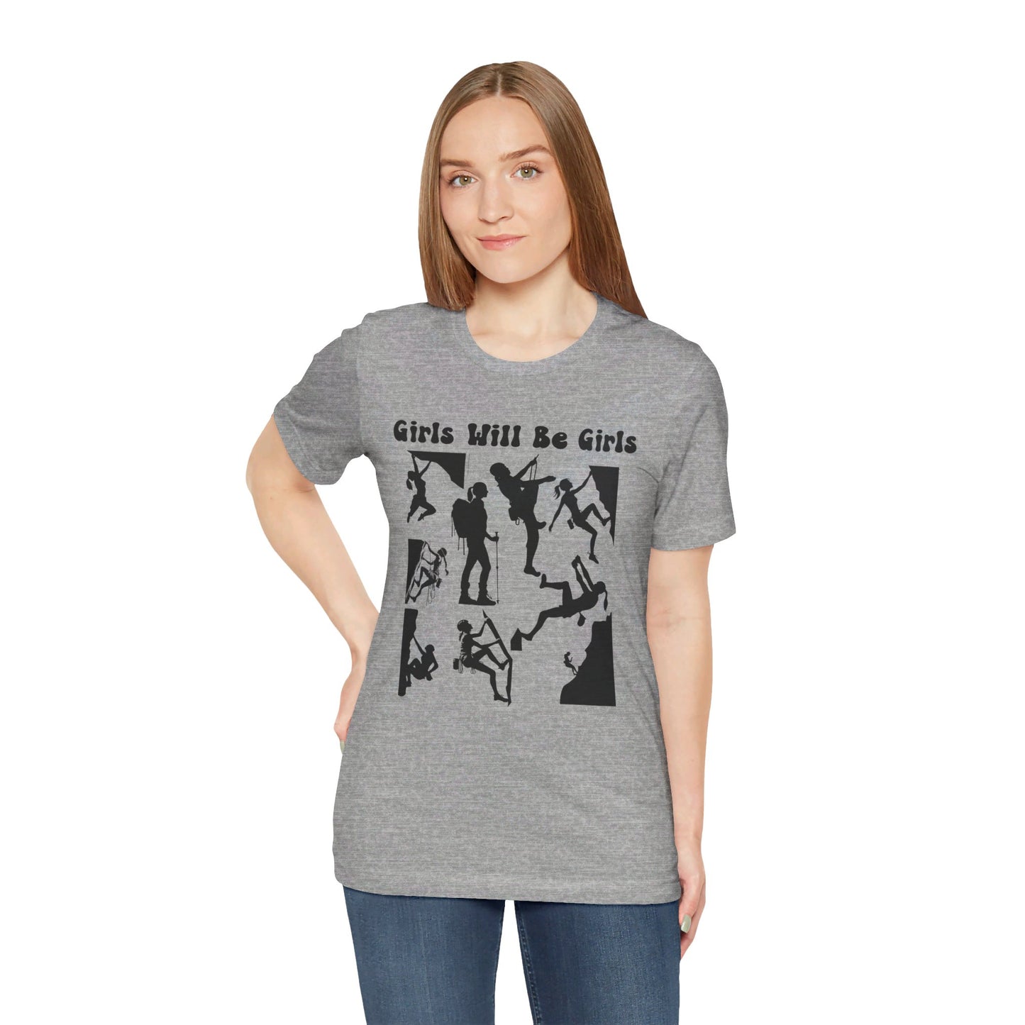 Girls Will Be Girls T-Shirt, Mountain Climber, Rock Climber, Alpinist, Mountaineering Silhouettes, Light Colored Tees