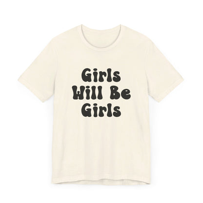 Girls Will Be Girls T-Shirt, Volleyball Player Silhouettes Front and Back Designs, Light Colored Tees