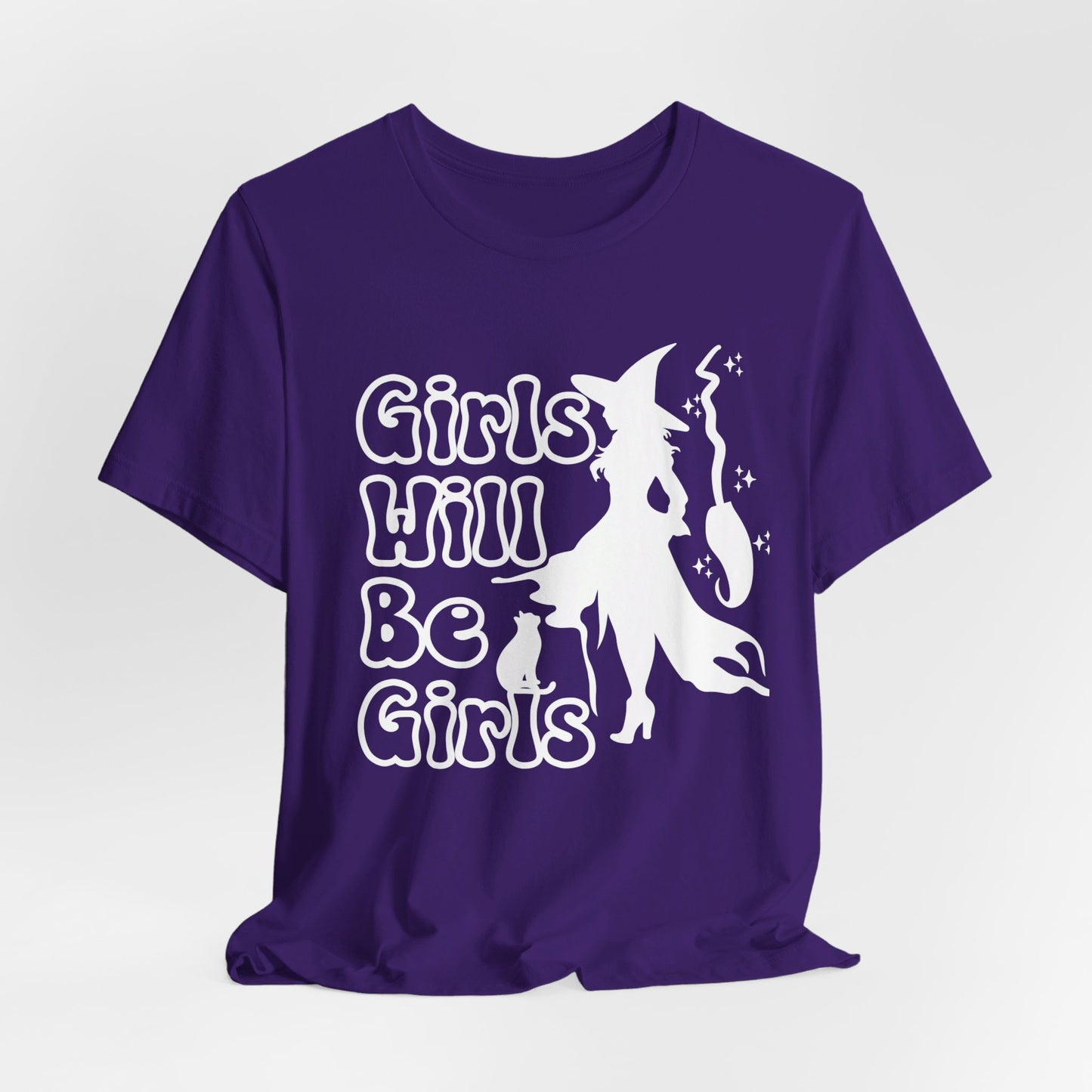 Girls Will Be Girls Witch T-Shirt, Halloween, Witch, Broomstick and Cat