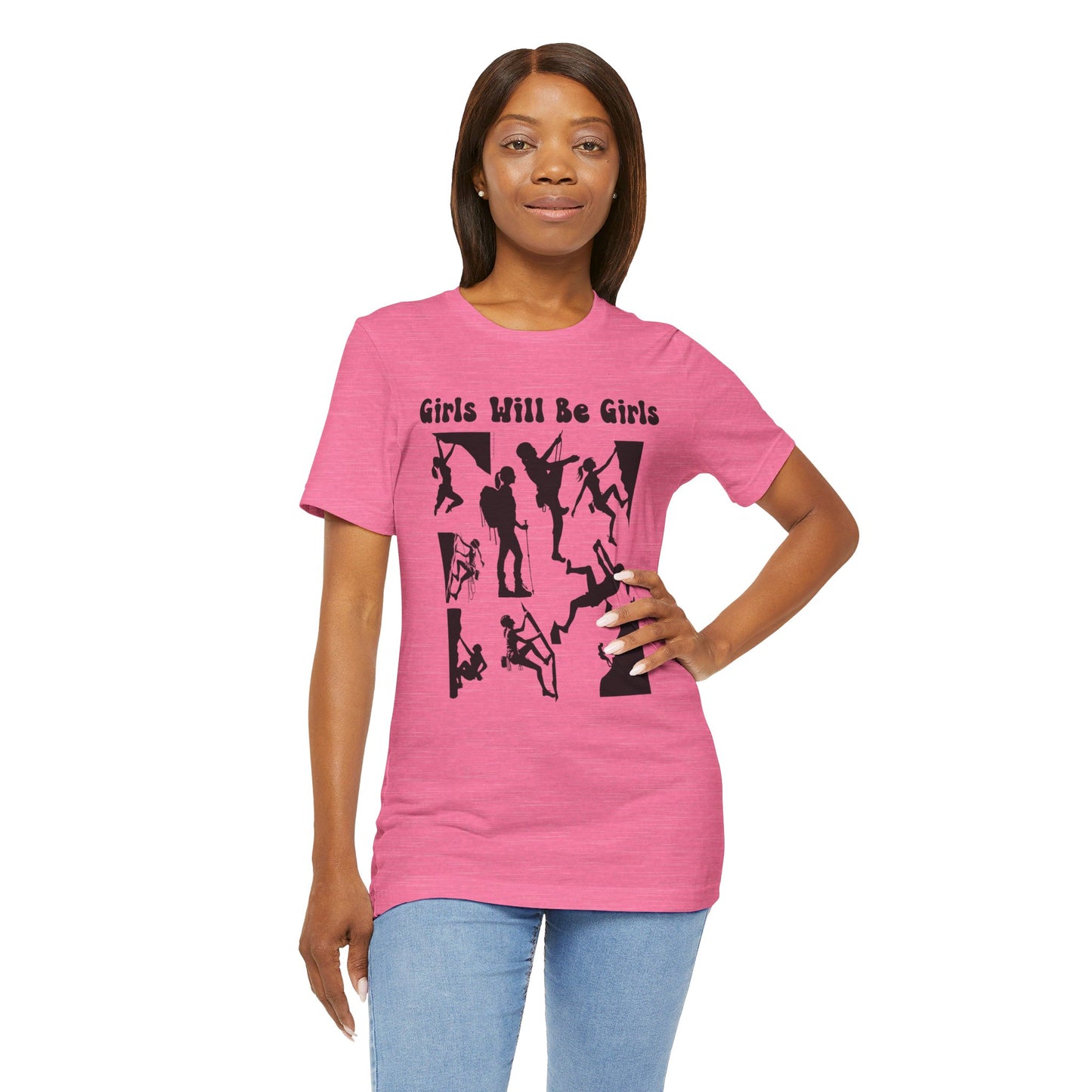 Girls Will Be Girls T-Shirt, Mountain Climber, Rock Climber, Alpinist, Mountaineering Silhouettes, Light Colored Tees