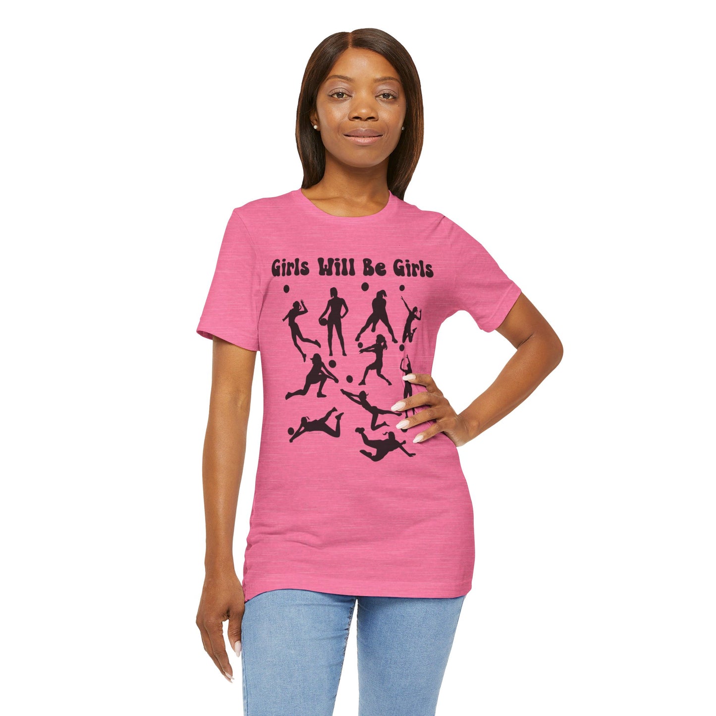 Girls Will Be Girls T-Shirt, Volleyball Player Silhouettes, Light Colored Tees