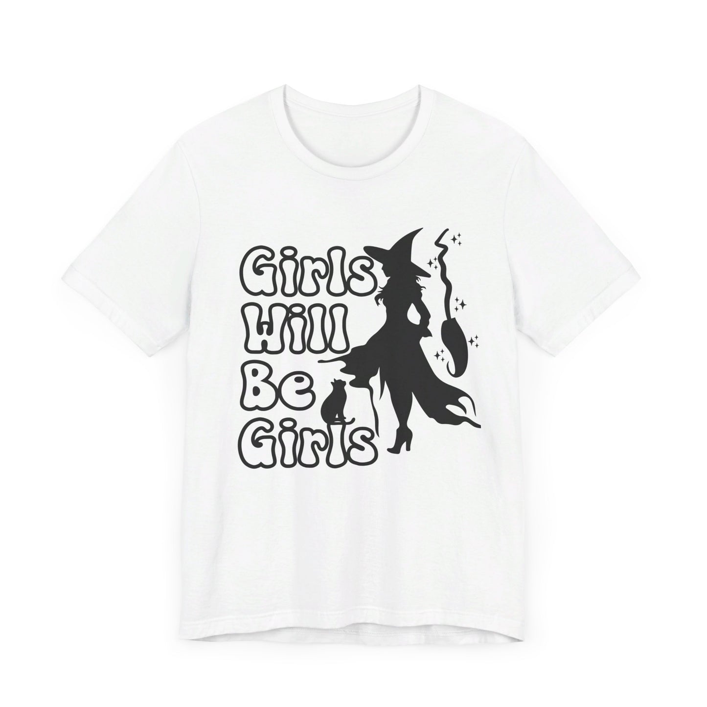 Girls Will Be Girls Halloween Witch T-Shirt, Witch, Broomstick and Cat