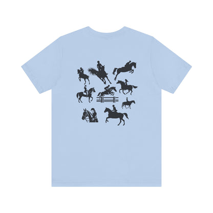 Girls Will Be Girls T-Shirt, Equestrian, Horseback Riding Silhouettes Front and Back Designs, Light Colored Tees