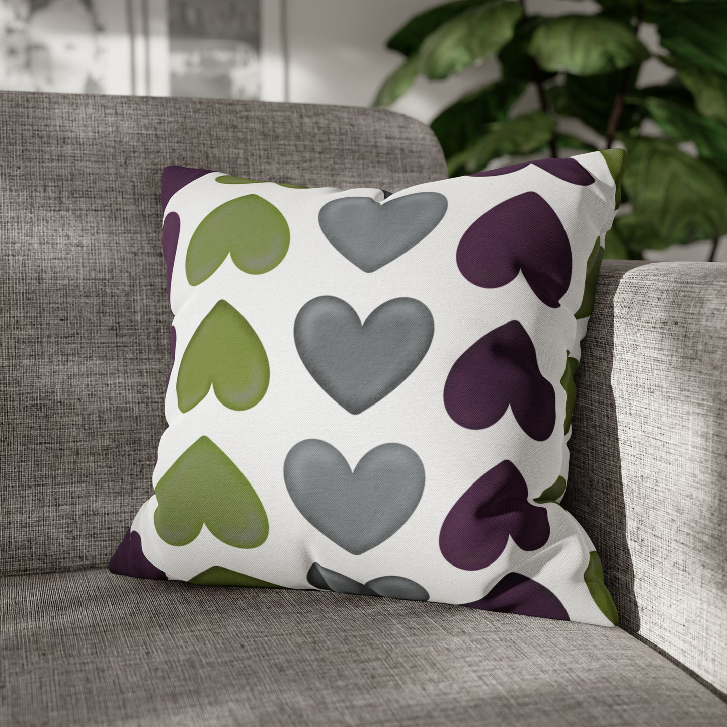 Heart Pattern Pillow Cover, Square 18"x18" Plum, Sage Green and Gray