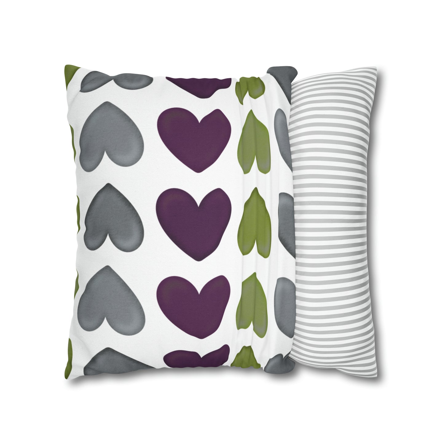 Heart Pattern Pillow Cover, Square 18"x18" Plum, Sage Green and Gray