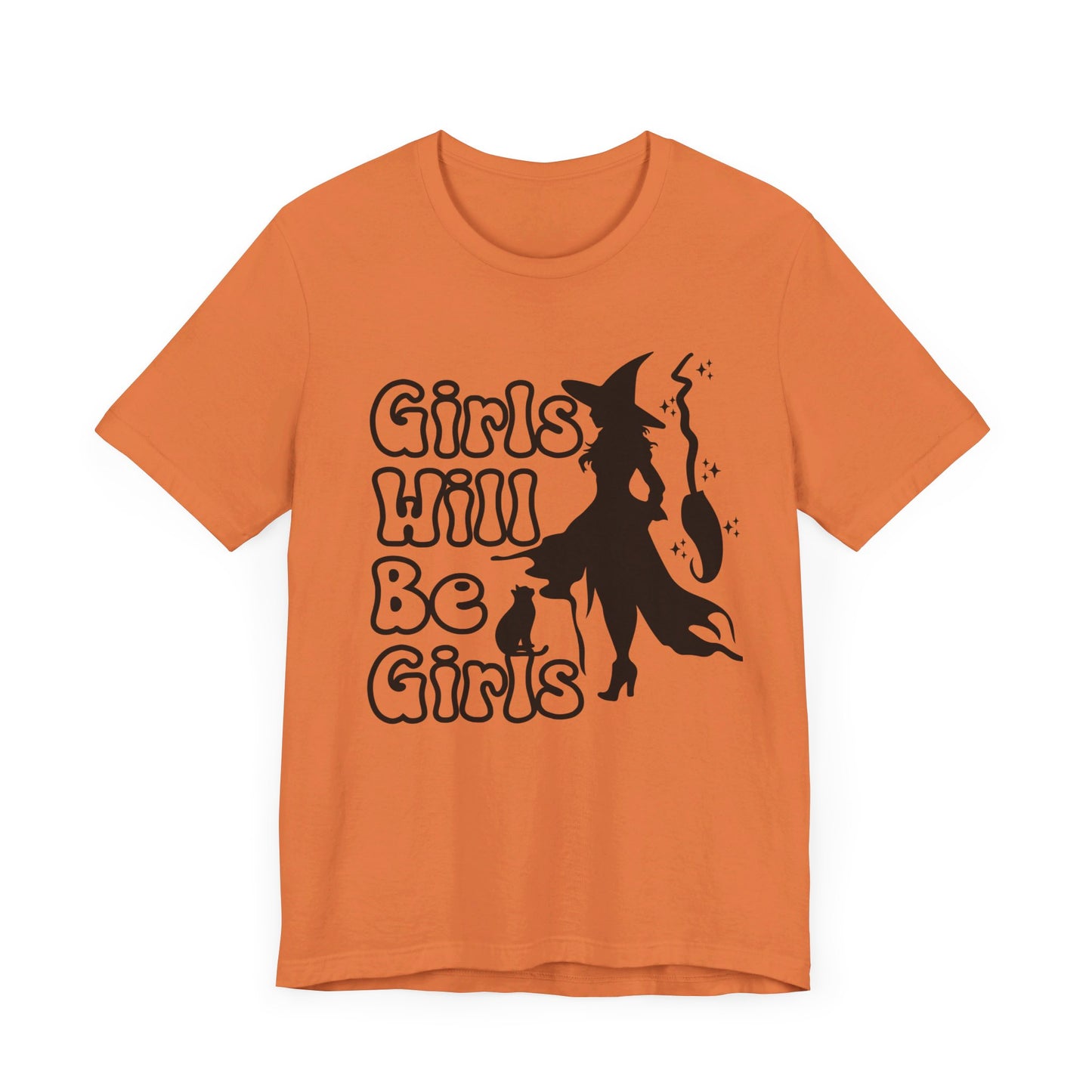 Girls Will Be Girls Halloween Witch T-Shirt, Witch, Broomstick and Cat