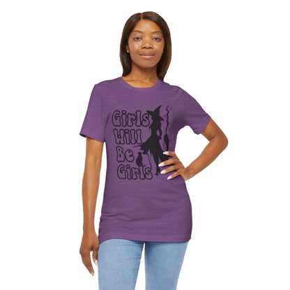 Girls Will Be Girls Halloween Witch T-Shirt, Witch, Broomstick and Cat