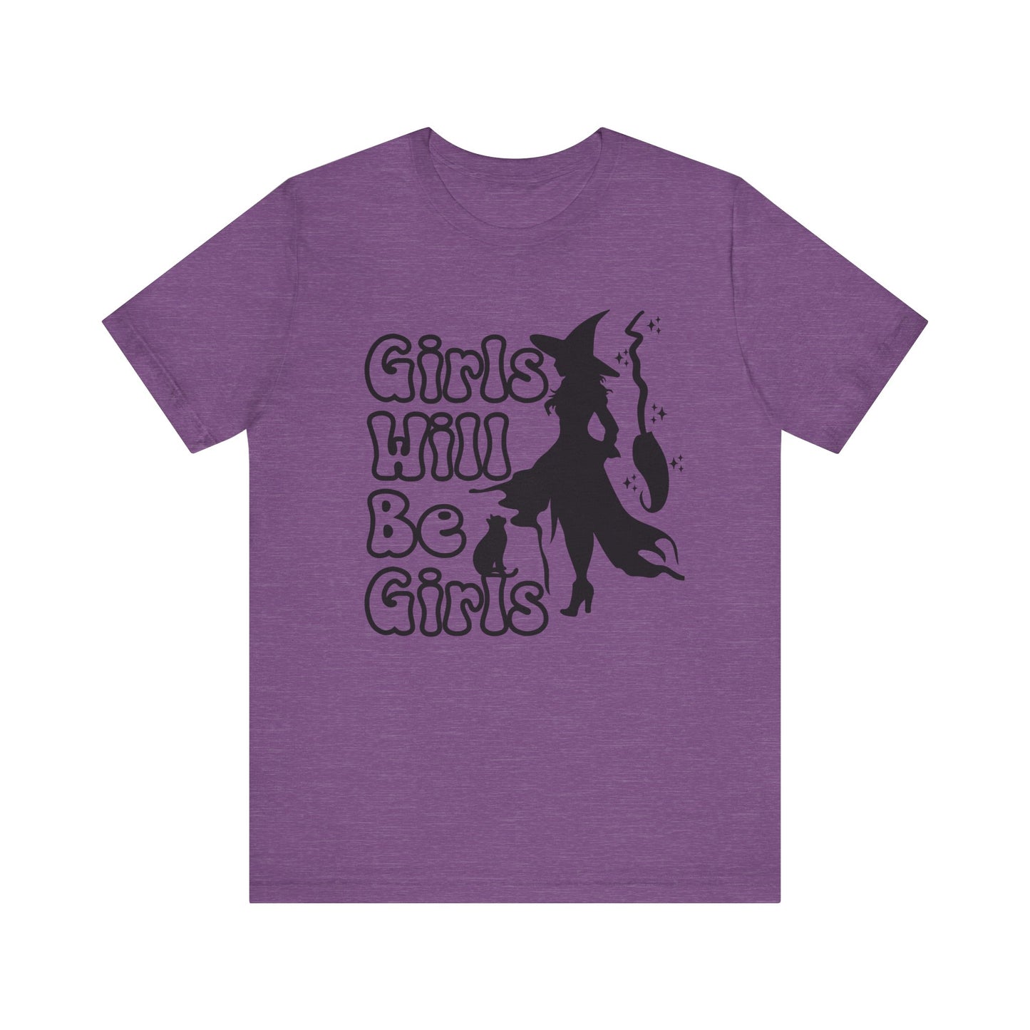 Girls Will Be Girls Halloween Witch T-Shirt, Witch, Broomstick and Cat