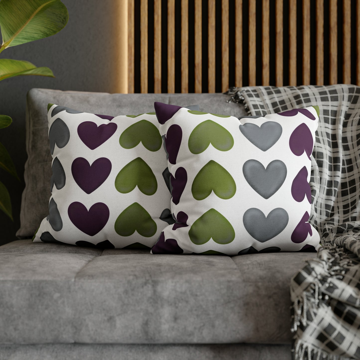 Heart Pattern Pillow Cover, Square 18"x18" Plum, Sage Green and Gray