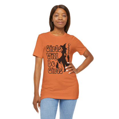 Girls Will Be Girls Halloween Witch T-Shirt, Witch, Broomstick and Cat