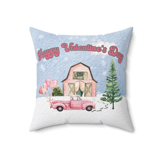 Happy Valentine's Day Pillow, Winter Scene Pink Truck & Barn 18"x18"