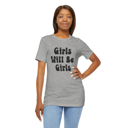 Girls Will Be Girls T-Shirt, Soccer Player Silhouettes Front and Back Designs, Light Colored Tees