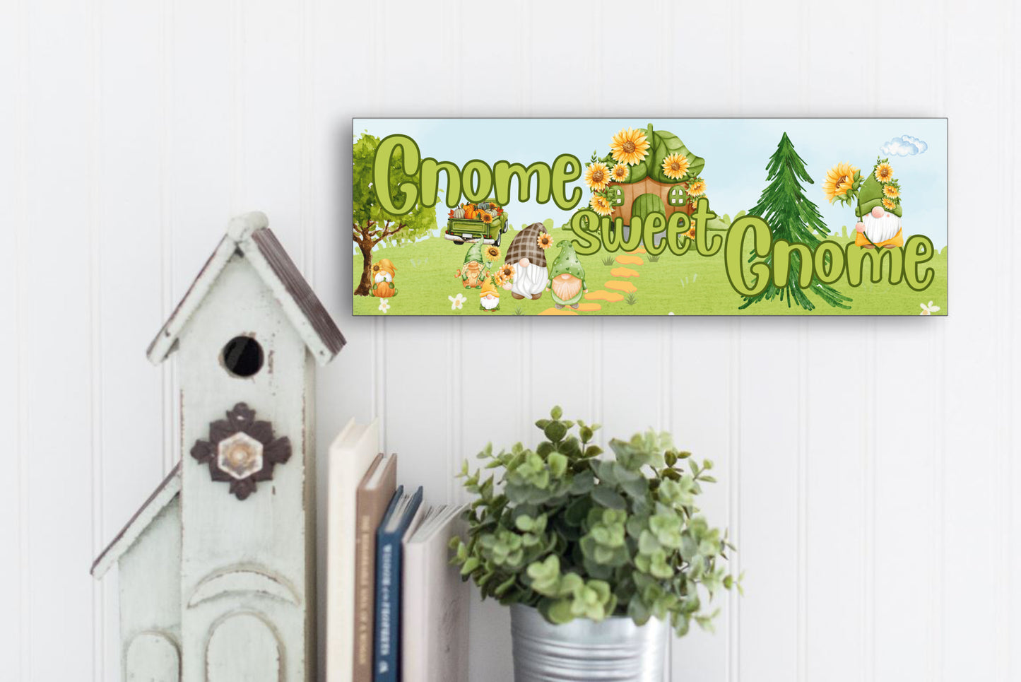 Gnome Sweet Gnome Welcome Sign with Sunflowers 15"x5"